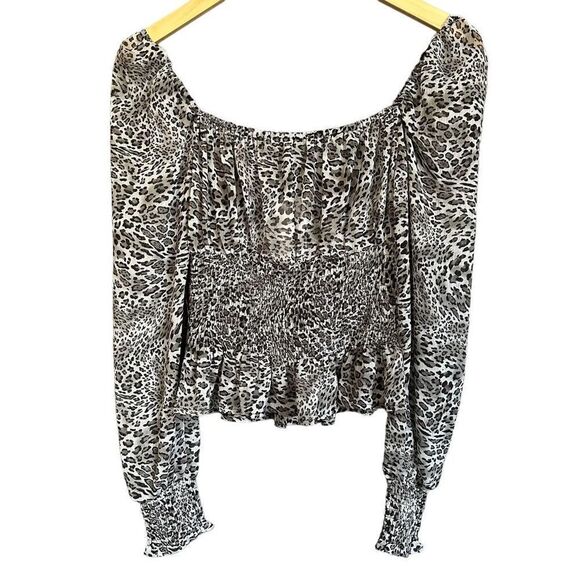 HYFVE Leopard Print Puff Sleeve Smocked Ruffle Peplum Hem Blouse - Picture 8 of 12